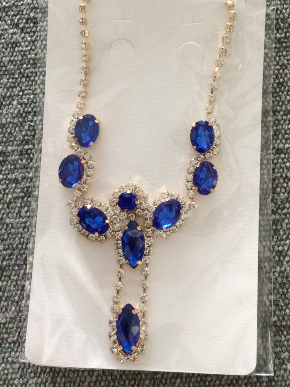 Bridal Brand New In Package Gold necklace with clear and blue stones